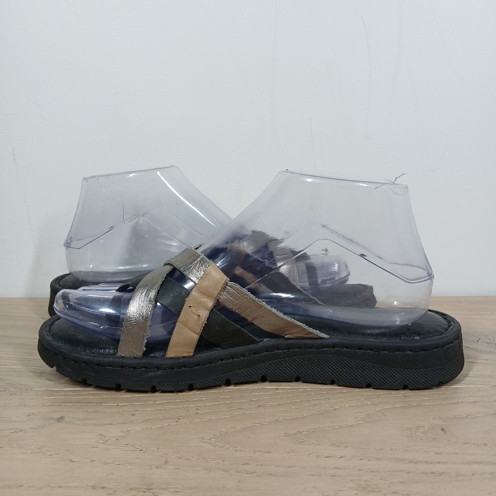 Born Leather Sandals Womens 7/38 Black Silver Tan Multi Strap Comfort Slides - Picture 7 of 11